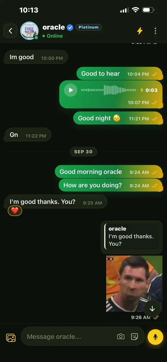 FloraGoal direct message with voice note and reactions