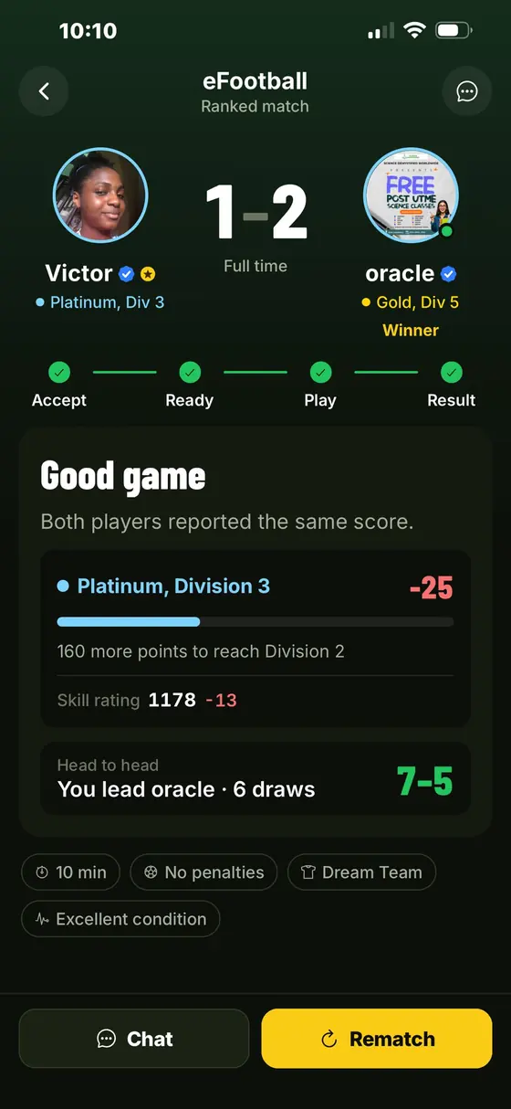 FloraGoal match result with rank change and head to head