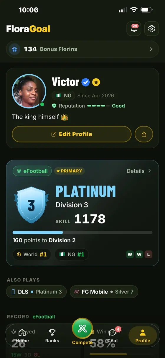 FloraGoal player profile with Platinum rank crest